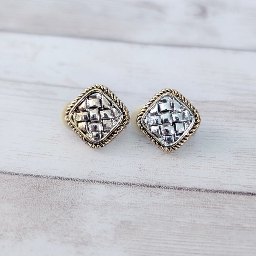 Vintage Clip On Earrings Gold/Silver Tone Woven Like Design - Some Discoloration
